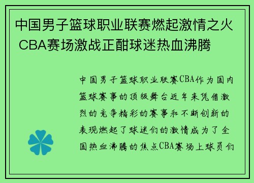中国男子篮球职业联赛燃起激情之火 CBA赛场激战正酣球迷热血沸腾